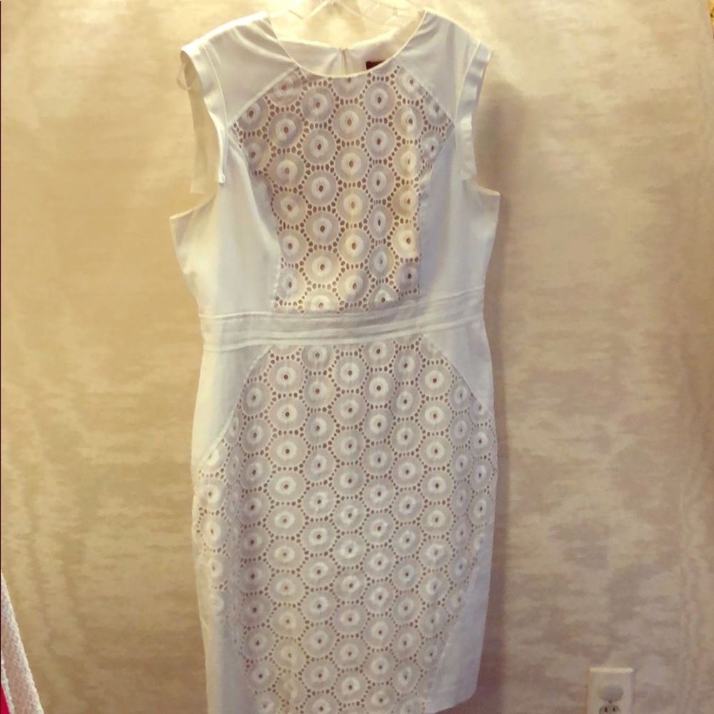 White eyelet Adrianna Papell fitted dress
